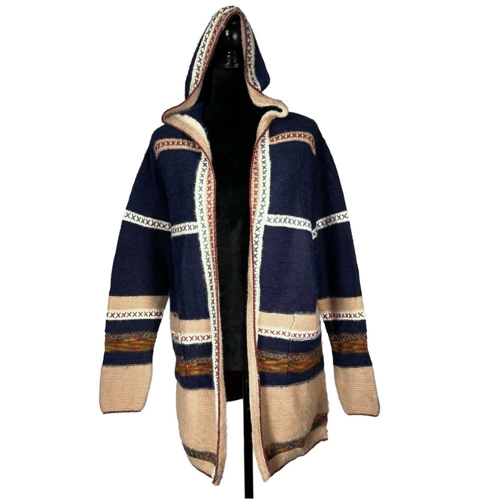 Fate Blue Cardigan Boho Colorful Hooded Sweater Long Western Duster Embroidered
